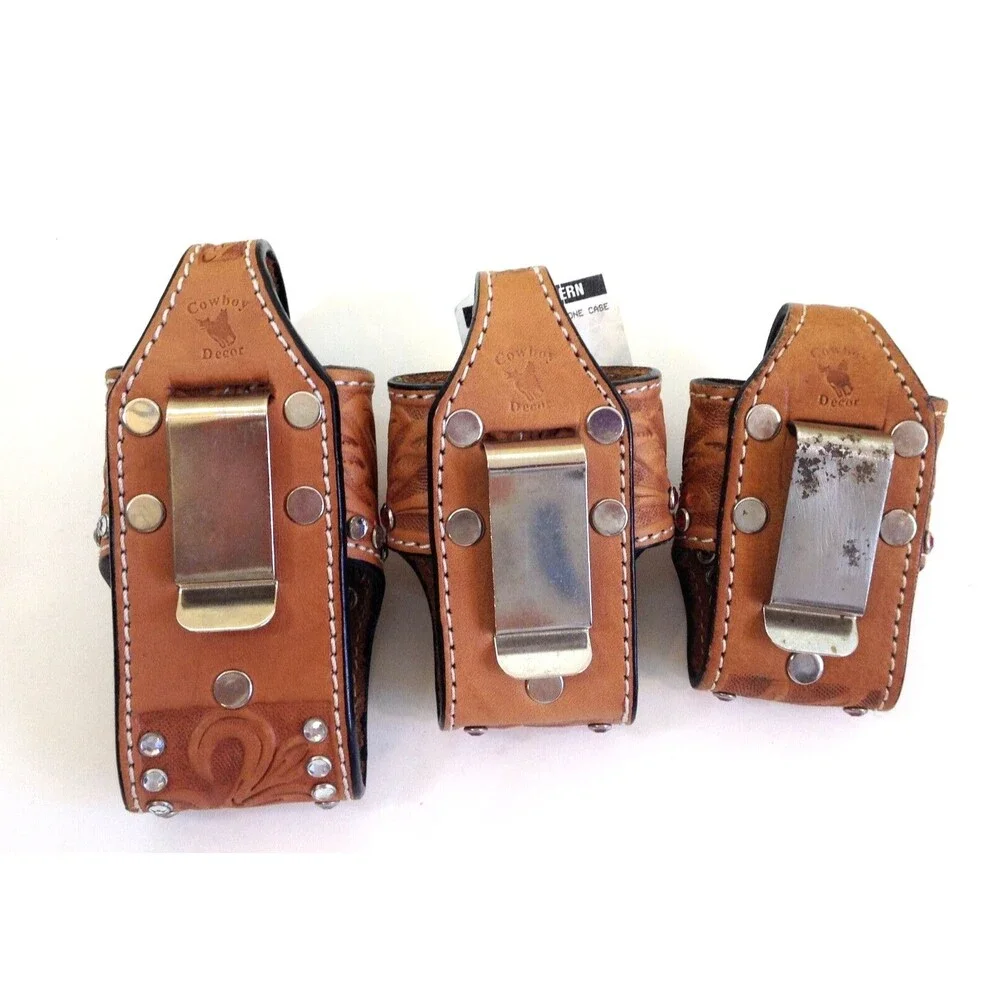 3 Vintage Cowboy Decor Leather & Rhinestones Western Flip Phone Case w/Belt Clip